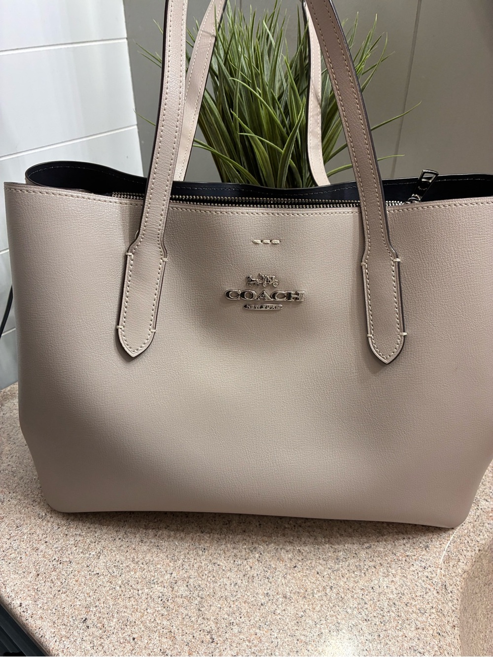 COACH Leather Tote in Taupe Beige with Silver Hardware